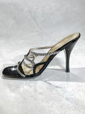 Nina Analisa Black Luster Heels Women’s 8 Strappy Rhinestones Slip On Open Toe